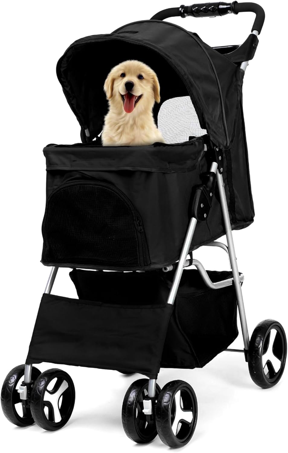 Foldable Pet Stroller with Rain Cover – Compact Pram for Small & Medium Dogs & Cats, Cup Holder & Storage Basket (Black)