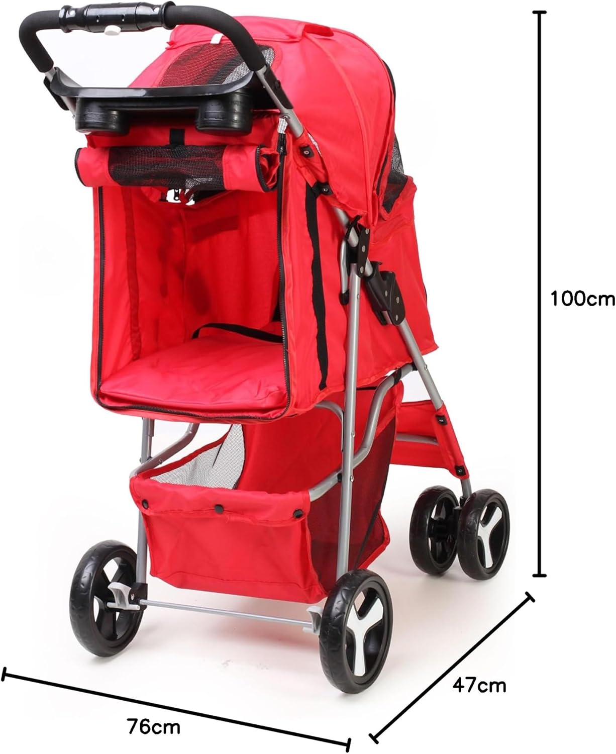 Foldable Pet Stroller with Rain Cover – Compact Pram for Small & Medium Dogs & Cats, Cup Holder & Storage Basket (Red)